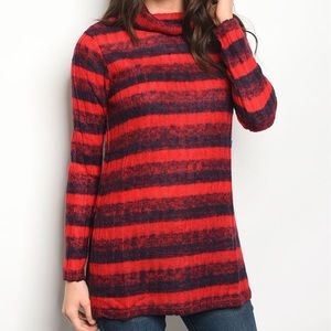 Cherry Red Stripe Fuzzy Knit Long Sweater